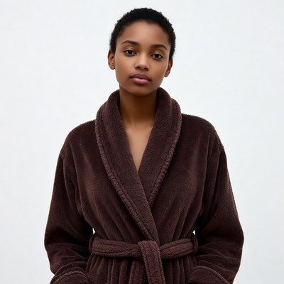 African-American woman in brown bathrobe