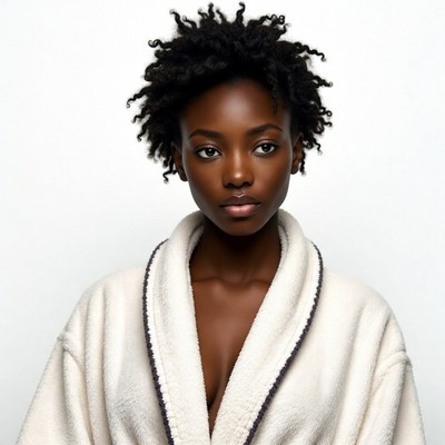 African-American woman in white bathrobe