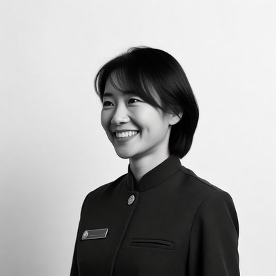 Asian woman in black uniform smiling