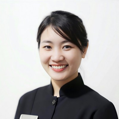 Asian woman in black uniform smiling