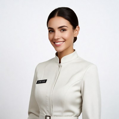 Smiling woman in white uniform