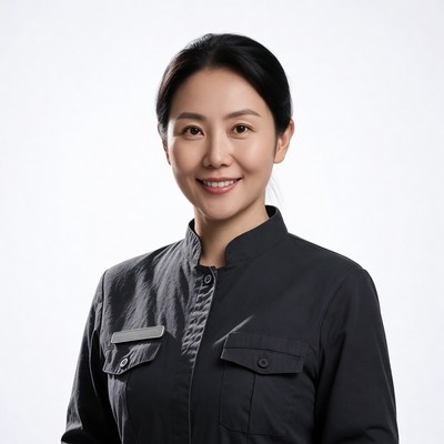 Asian woman in black uniform smiling