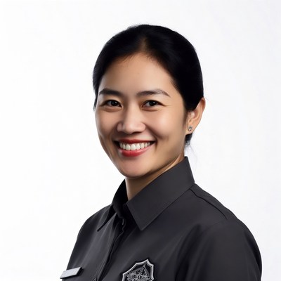 Asian woman in black uniform smiling