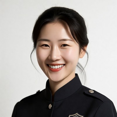 Asian woman in black uniform smiling