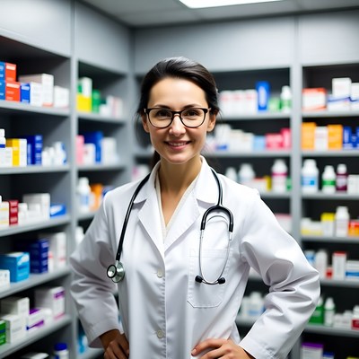 Smiling female pharmacist in lab coat