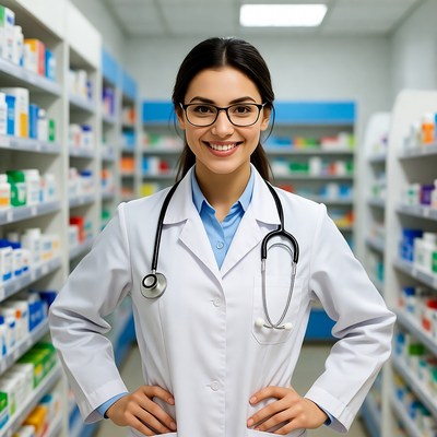 Smiling Latina Pharmacist in Lab Coat