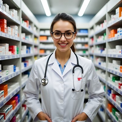 Smiling Asian female pharmacist in lab coat