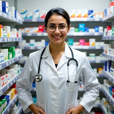 Smiling Latina doctor in pharmacy