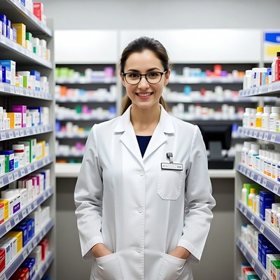 Smiling female pharmacist in pharmacy