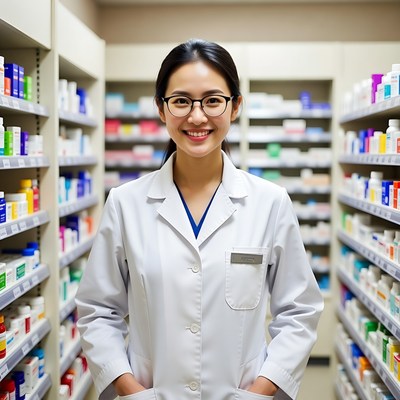Asian female pharmacist in lab coat