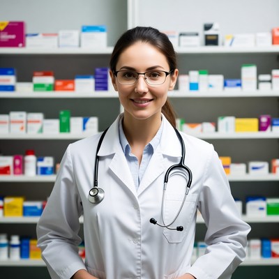 Smiling female doctor in pharmacy