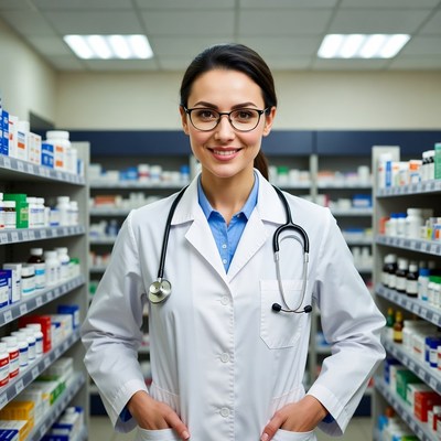 Smiling female pharmacist in lab coat