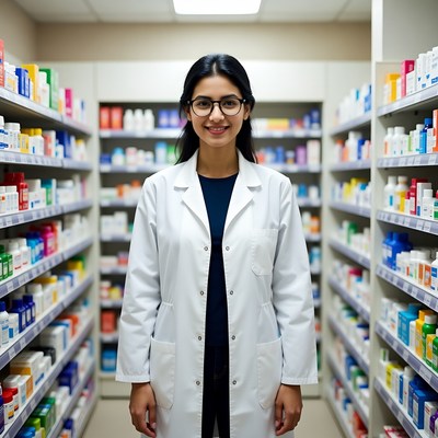Female pharmacist smiling in pharmacy