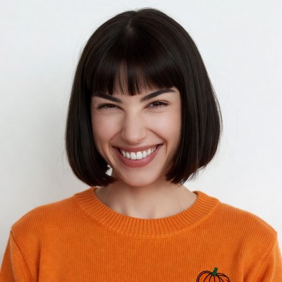 Woman winking in orange pumpkin sweater