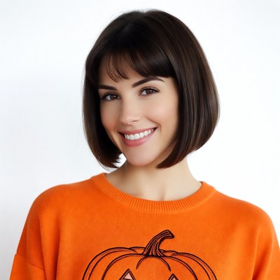 Smiling woman in pumpkin sweater