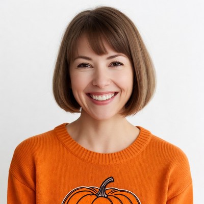 Smiling woman in pumpkin sweater