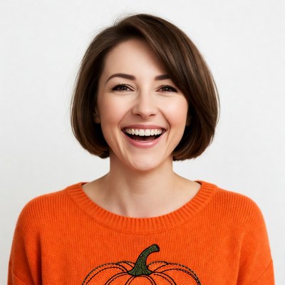 Smiling woman in pumpkin sweater