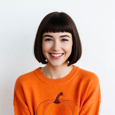 Smiling woman in pumpkin sweater