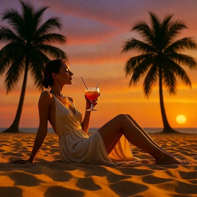 Woman sipping cocktail on sunset beach