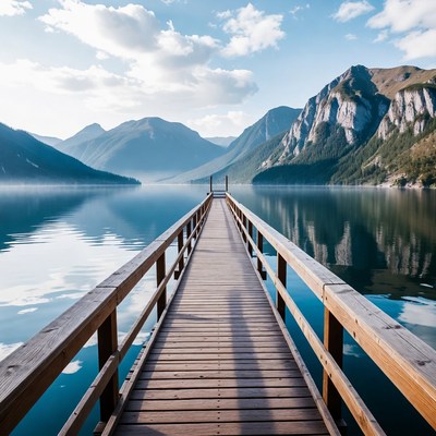 Wooden Pier into Mountain Lake