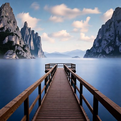 Wooden pier over misty lake