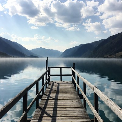 Wooden pier over misty mountain lake