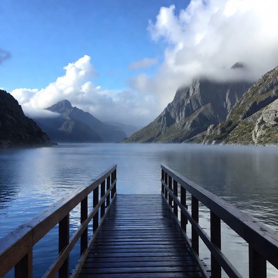 Wooden pier over misty mountain lake