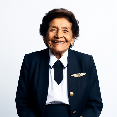 Smiling elderly woman in pilot uniform