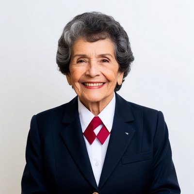 Elderly woman smiling in navy suit