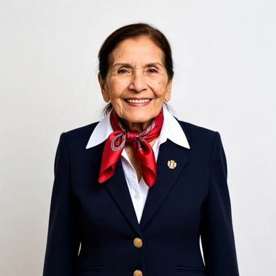 Elderly woman in navy suit with red scarf