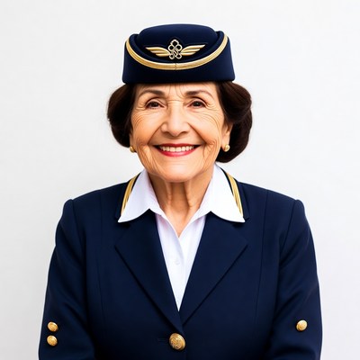 Elderly woman in navy flight attendant uniform
