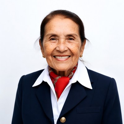 Elderly woman smiling in navy suit