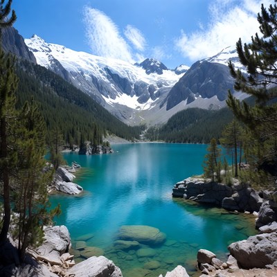 Turquoise lake amid snowy mountains