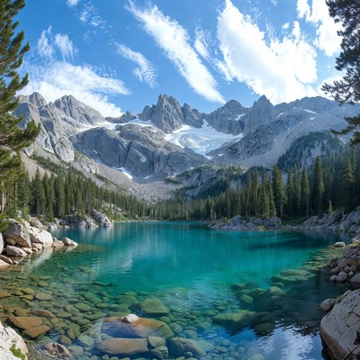 Turquoise alpine lake with mountains