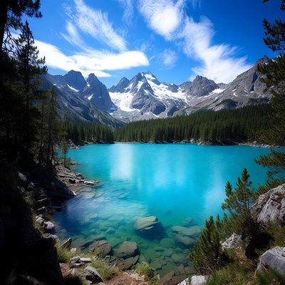 Turquoise lake amid snowy mountains