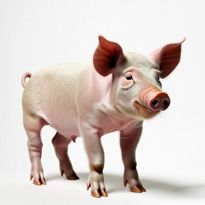 Pink pig standing on white background