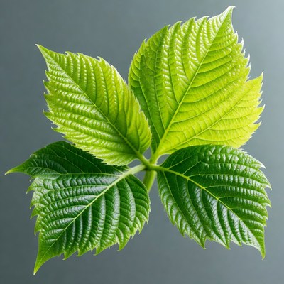 Five Green Leaves on Gray Background