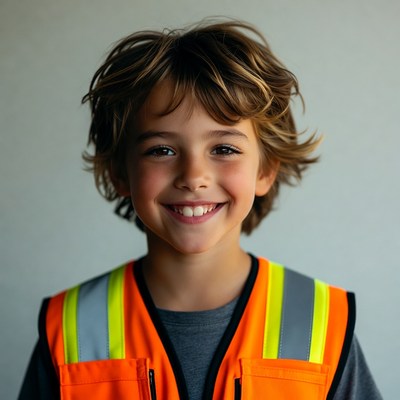Smiling boy in orange safety vest