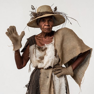 Elderly Indigenous woman waving in straw hat