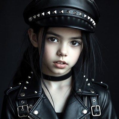 Girl in studded leather hat and jacket