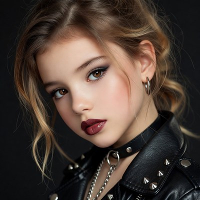 Girl in leather jacket with bold makeup