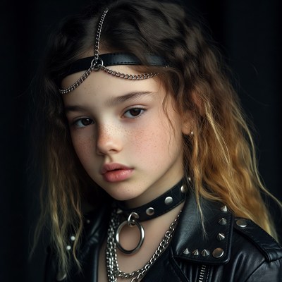 Girl with chain headband and leather jacket
