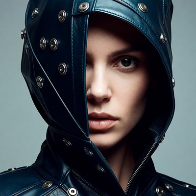 Woman in studded leather hood