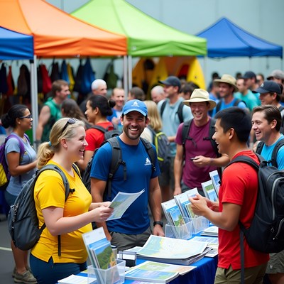 Diverse group discussing maps at outdoor festival