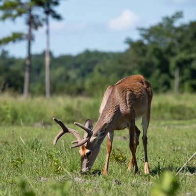 Buck deer grazing in grassy field
