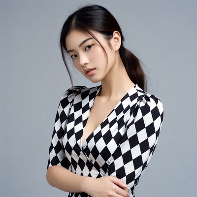 Asian woman in black white checkered dress
