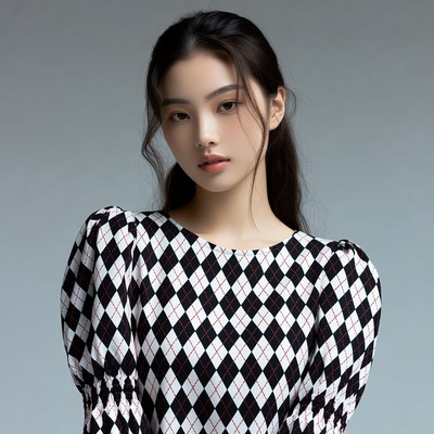 Asian woman in black white harlequin dress