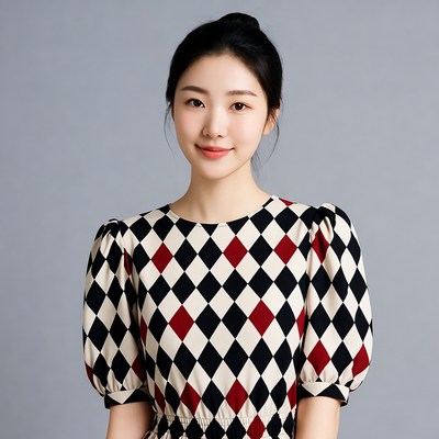 Asian woman in harlequin dress