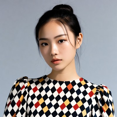 Asian woman in harlequin blouse