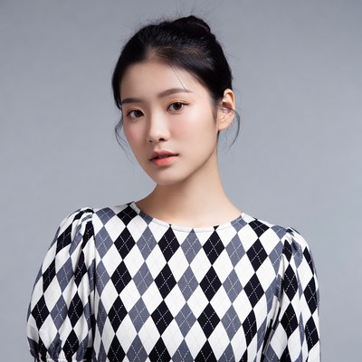 Asian woman in black white checkered blouse